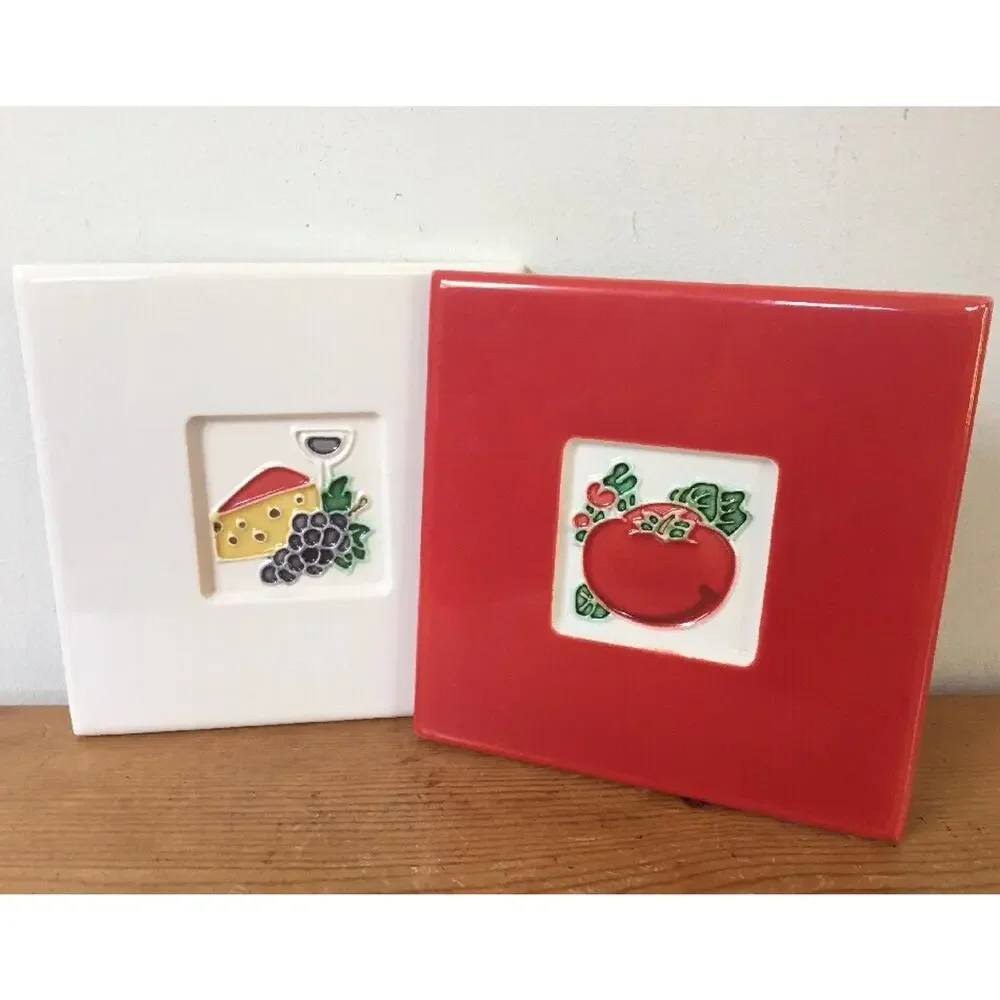 Pair Vtg Tomato Cheese Wine Red White Cork Backed Ceramic Tile Trivets 6